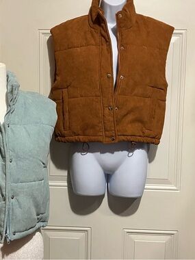 Cropped Corduroy Puffer Vest in Caramel & SeaGlass. Buttons, Zippers & Pockets